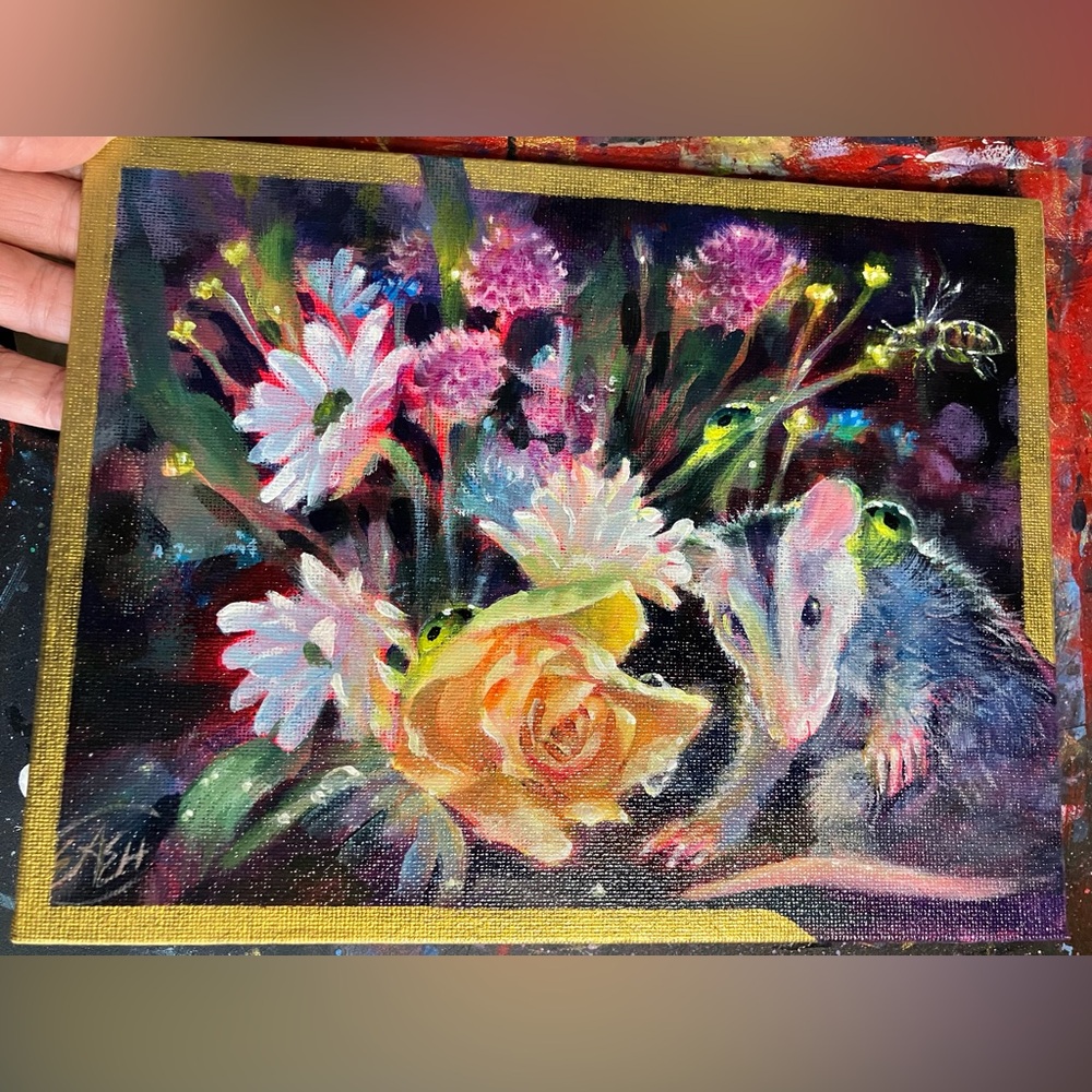 Opossum flowers Original painting Acrylic Bee Art floral still life Artettina US